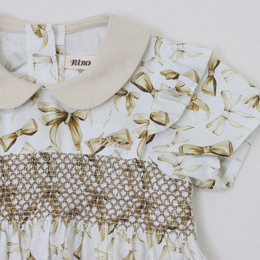 リボンプリントスモッキングワンピース