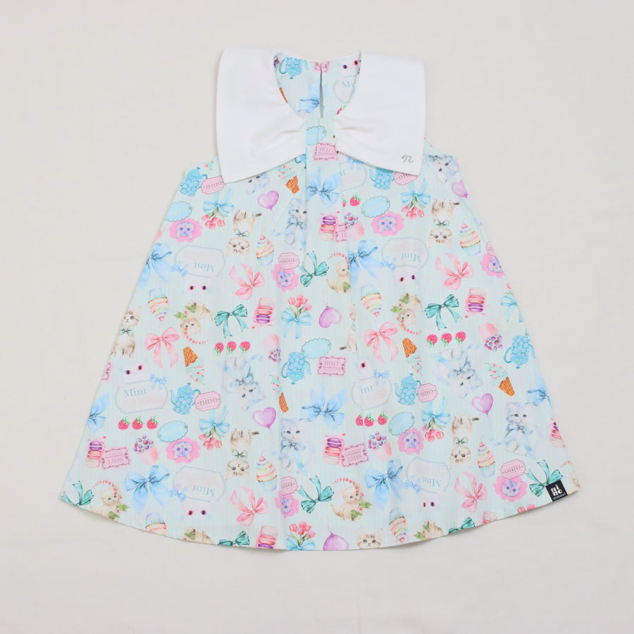 ミントストライプねこプリントリボン衿ワンピース