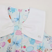 ミントストライプねこプリントリボン衿ワンピース