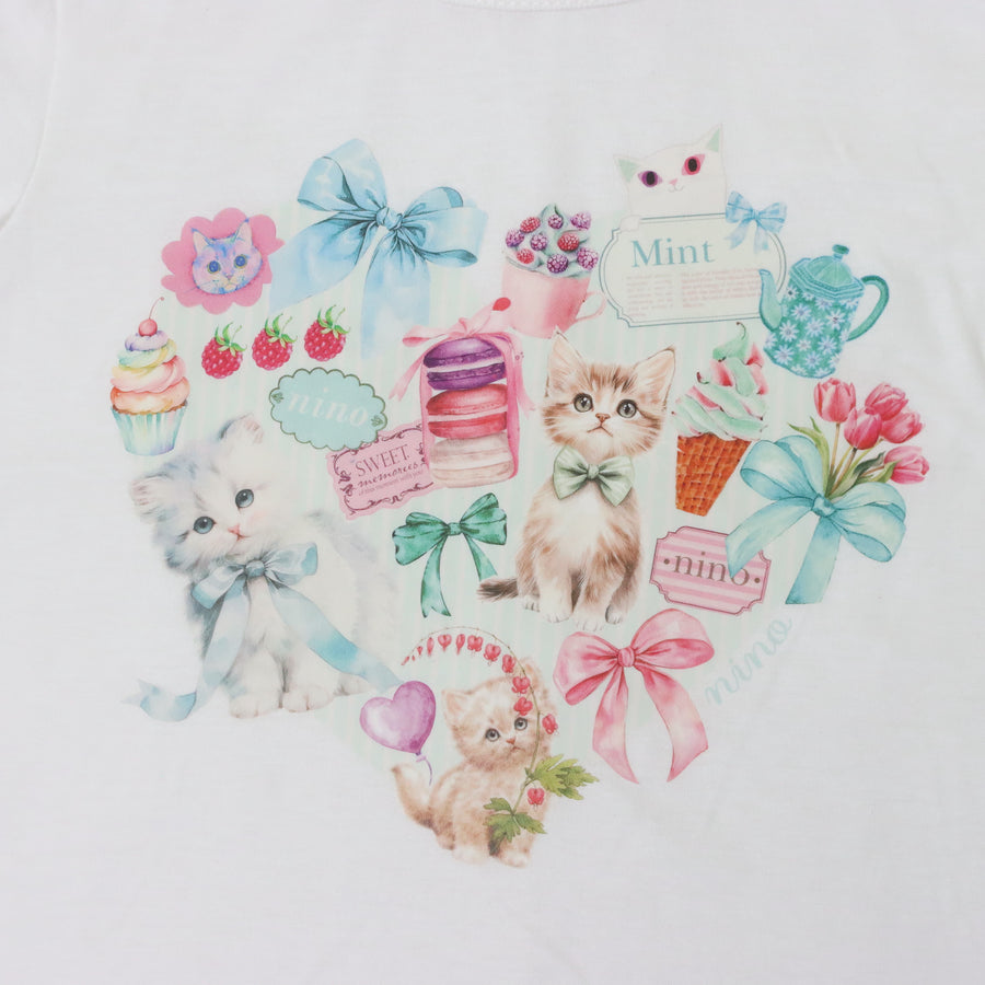 ミントストライプねこプリント　大人Tシャツ