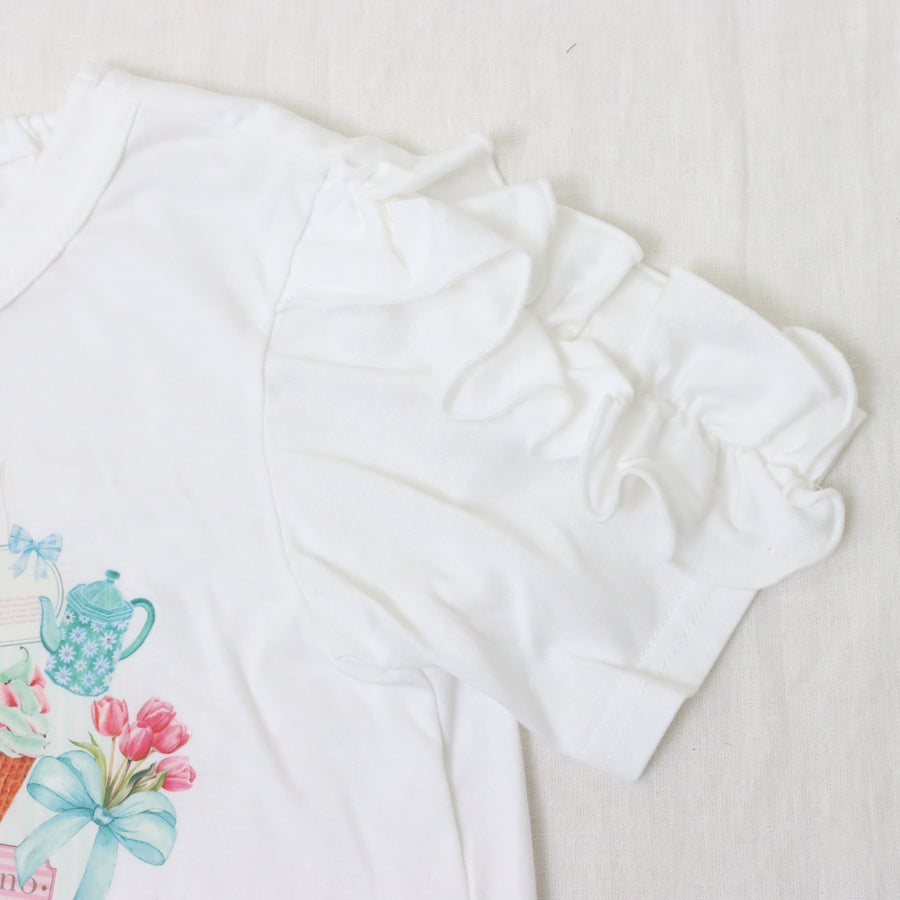 ミントストライプねこプリント　大人Tシャツ