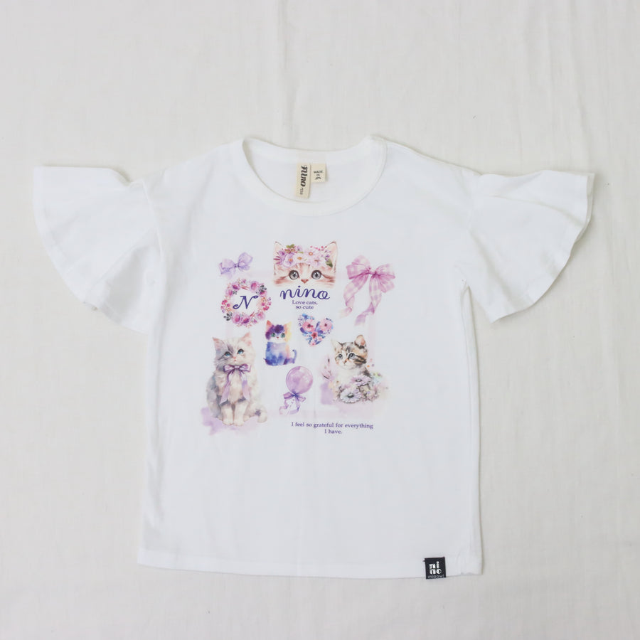ラベンダーねこプリントTシャツ