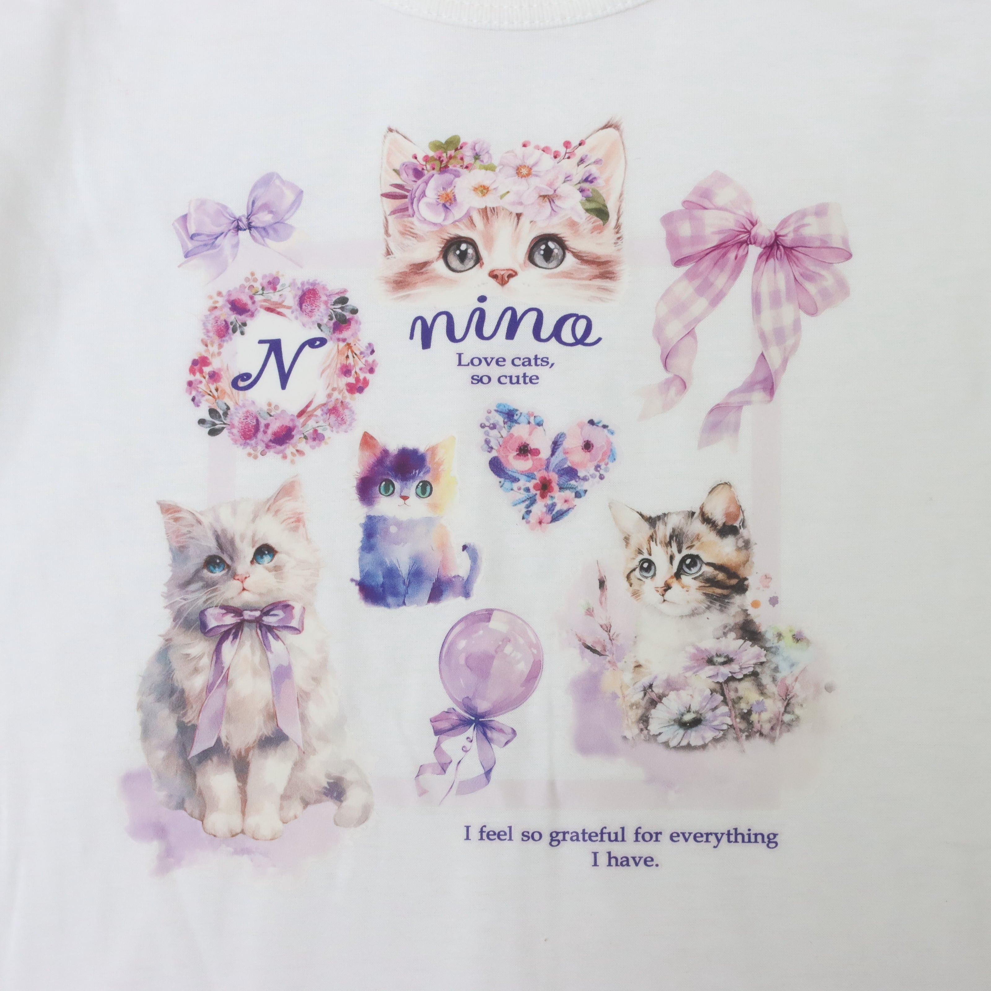 ラベンダーねこプリントTシャツ