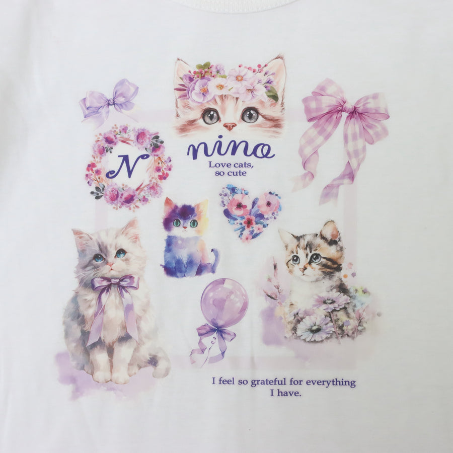 ラベンダーねこプリントTシャツ