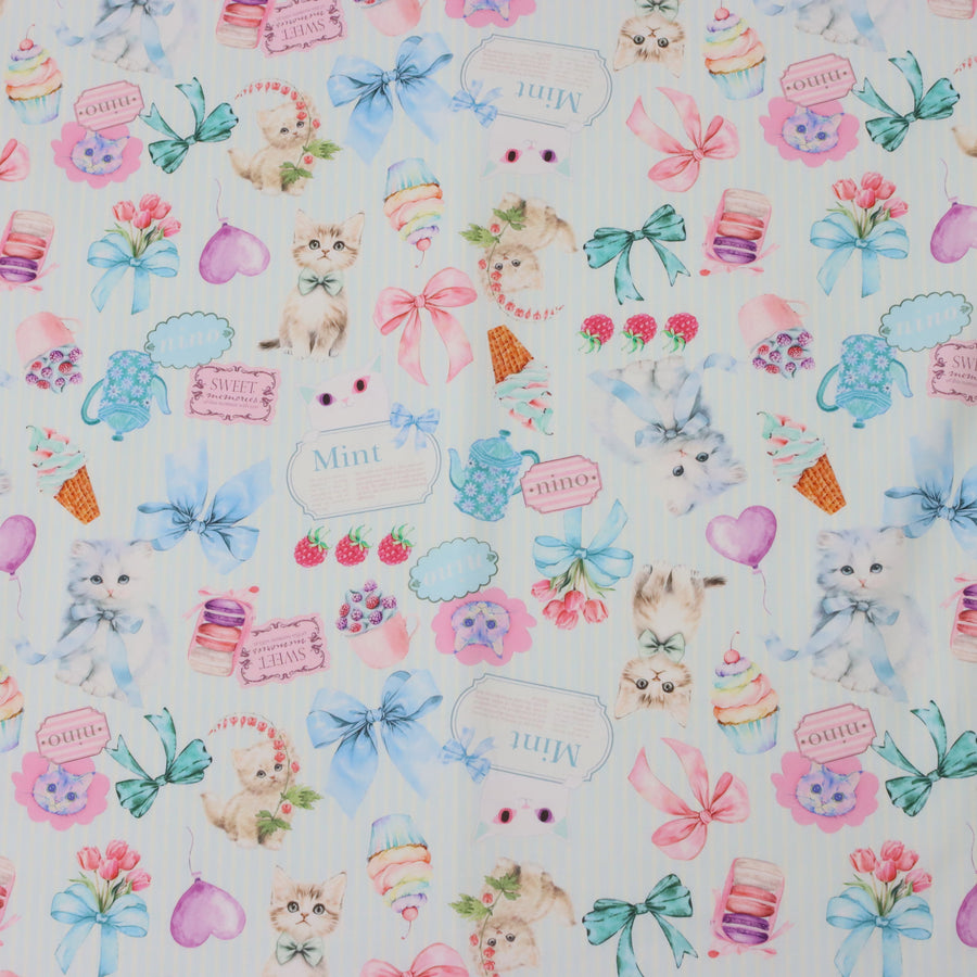 ミントストライプねこプリントリボン衿ワンピース