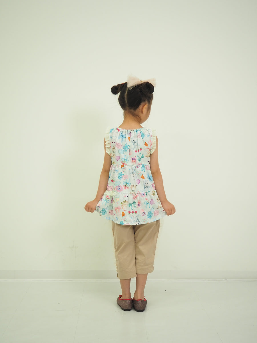 ミントストライプねこプリント　ティアードブラウス