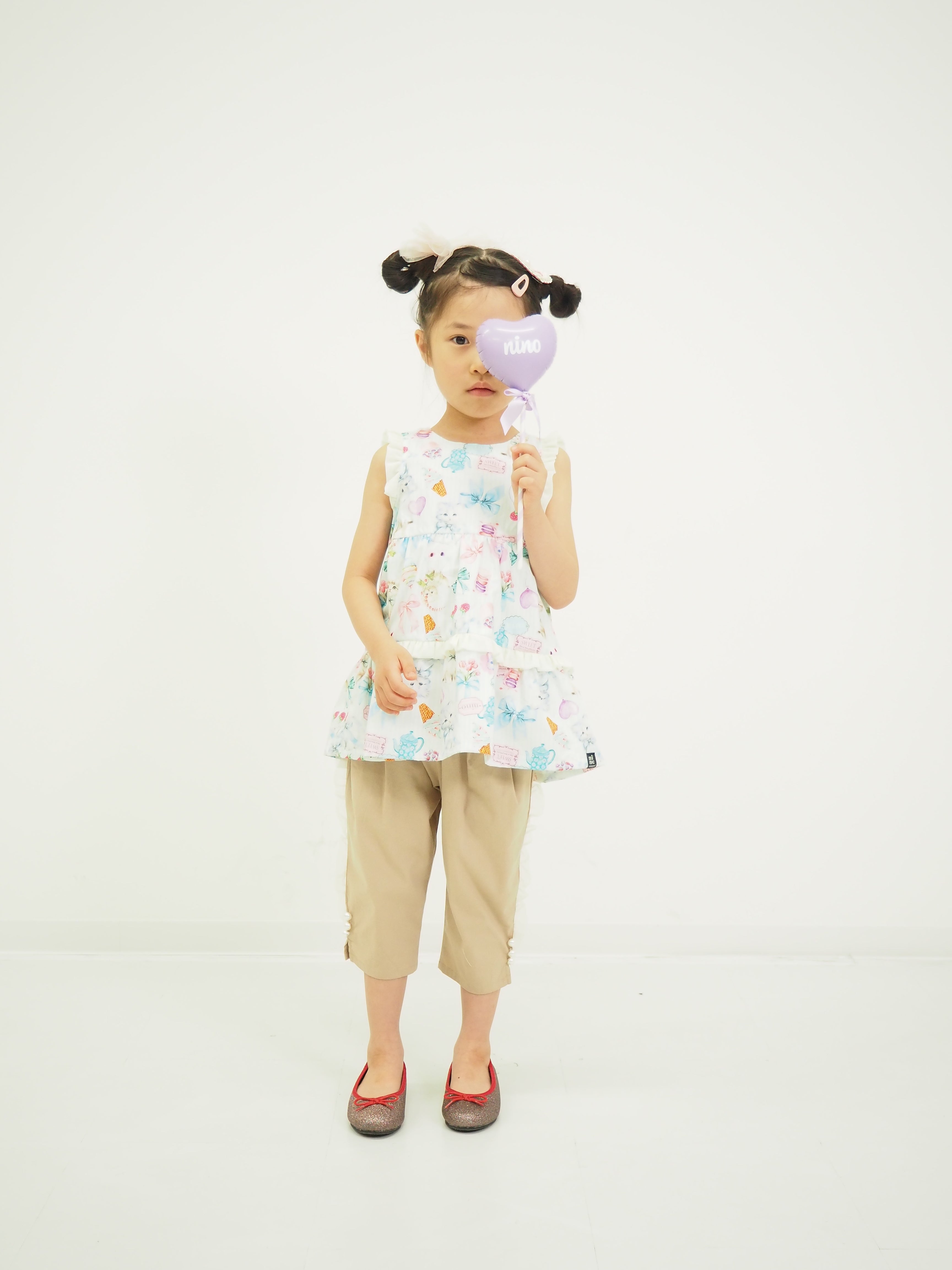 ミントストライプねこプリント　ティアードブラウス