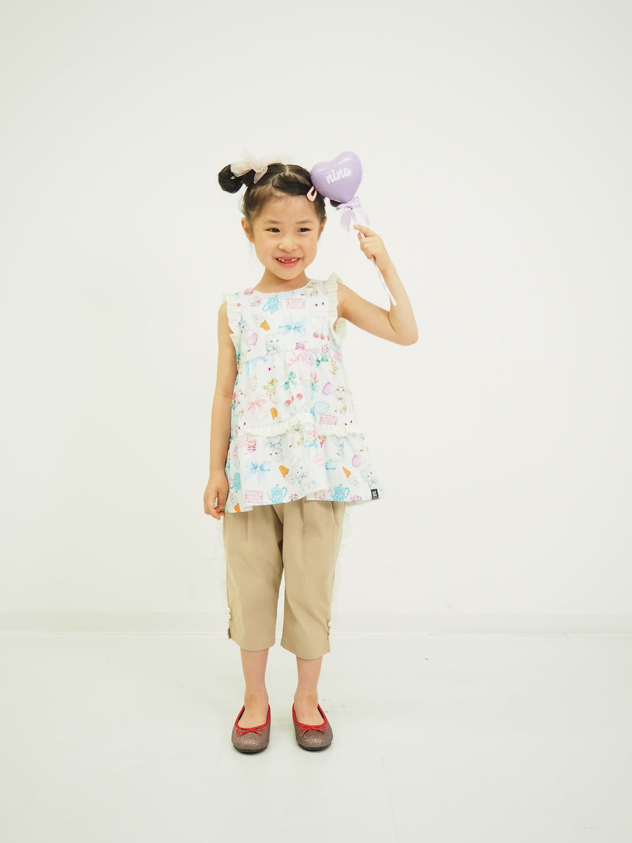 ミントストライプねこプリント　ティアードブラウス