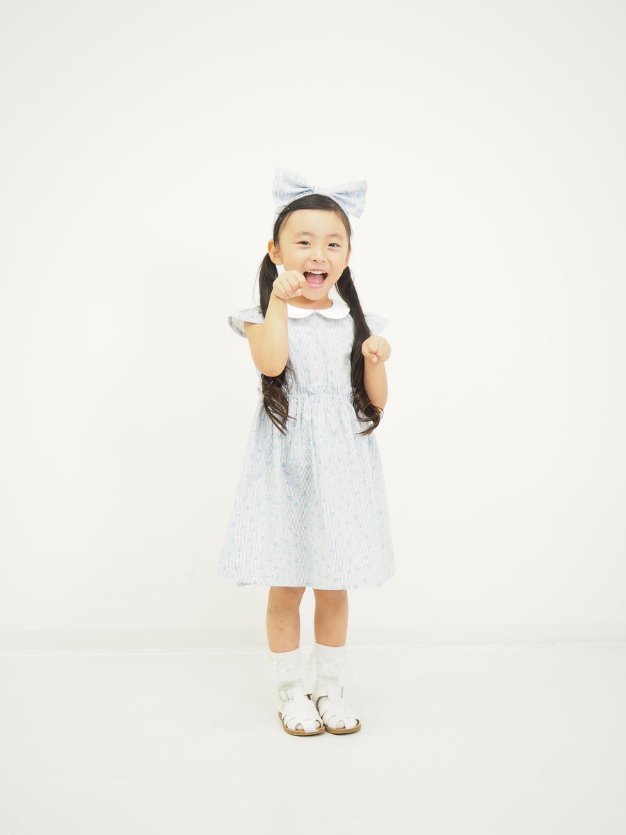 ストライプミニフラワープリント　丸襟ワンピース