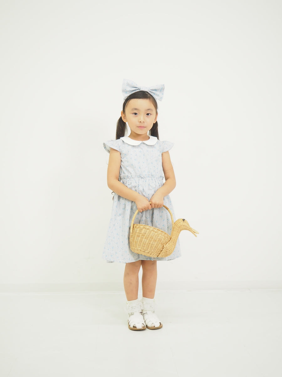 ストライプミニフラワープリント　丸襟ワンピース