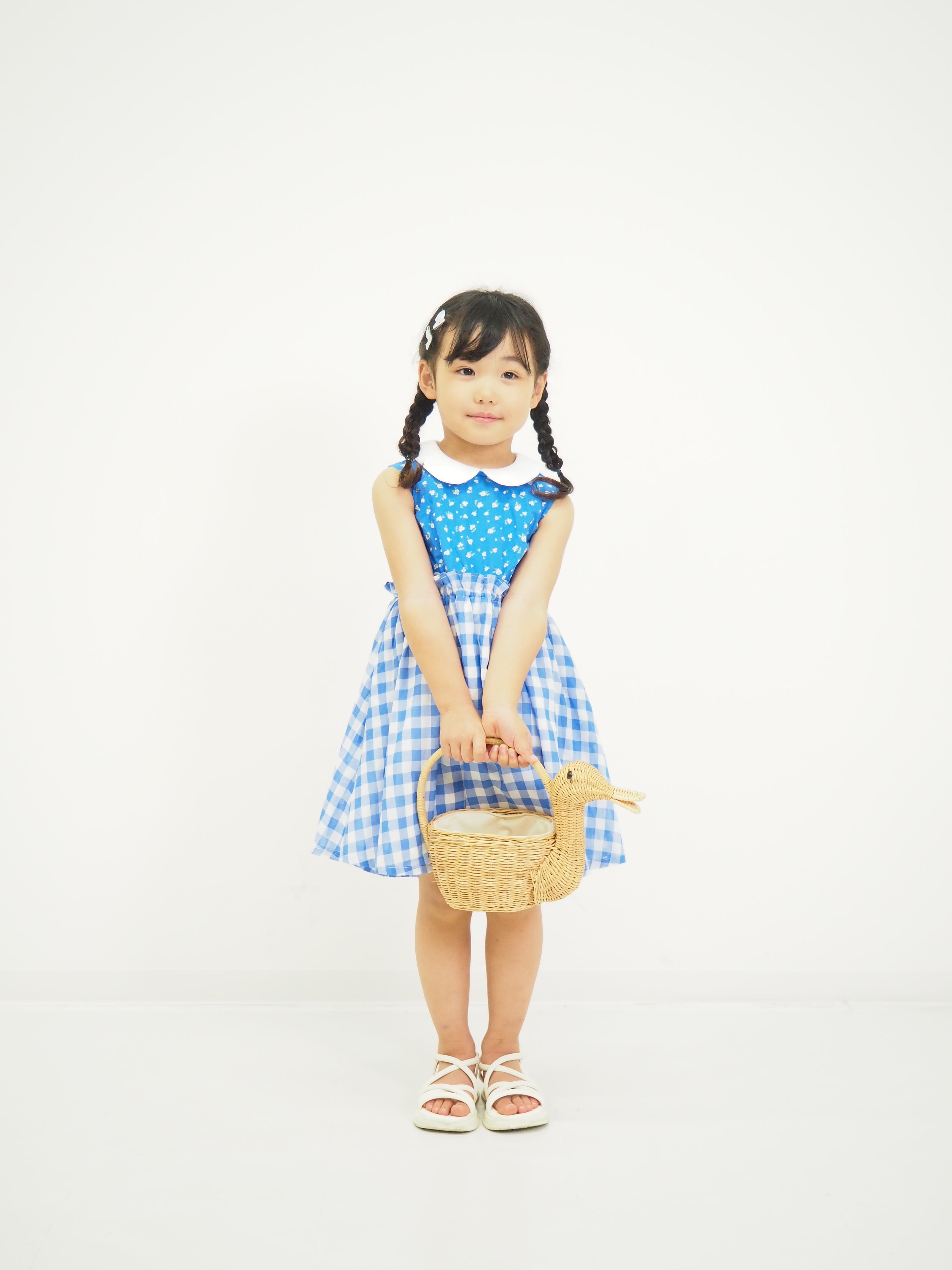小花×ギンガム丸襟ワンピース