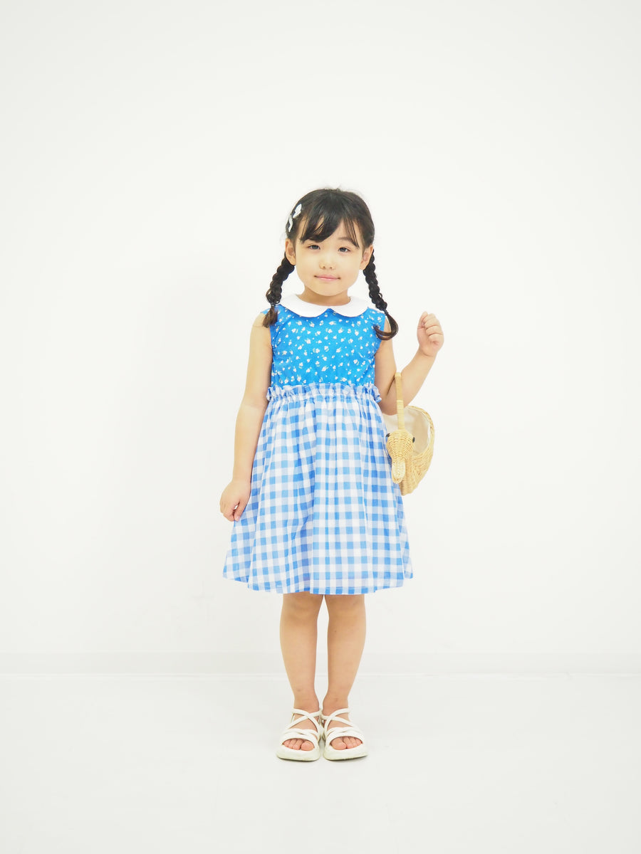 小花×ギンガム丸襟ワンピース