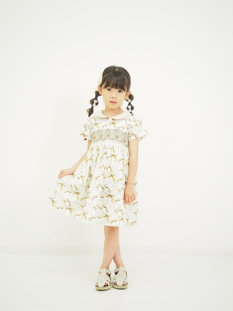 リボンプリントスモッキングワンピース