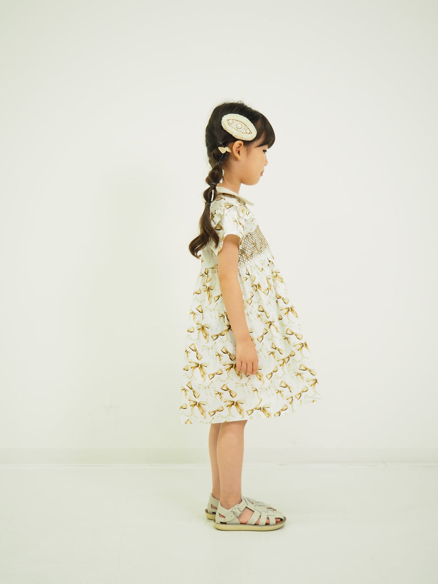 リボンプリントスモッキングワンピース