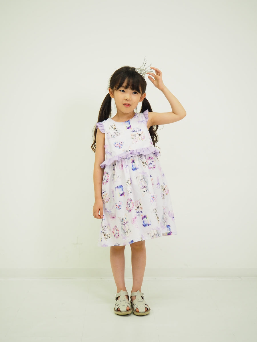 ラベンダーねこプリント　2WAYワンピース