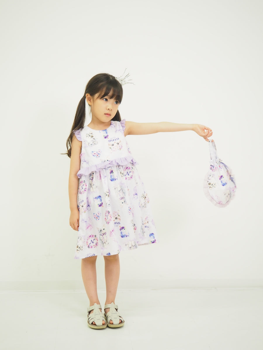 ラベンダーねこプリント　2WAYワンピース