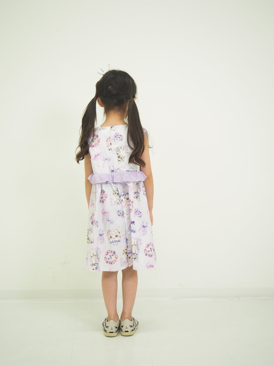ラベンダーねこプリント　2WAYワンピース