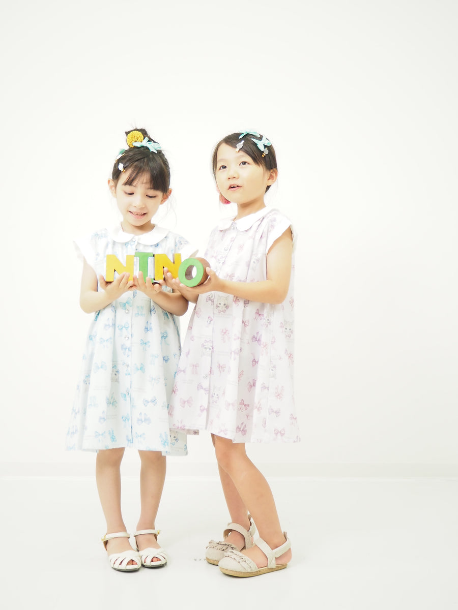 リボンねこオリジナルプリント前明きワンピース