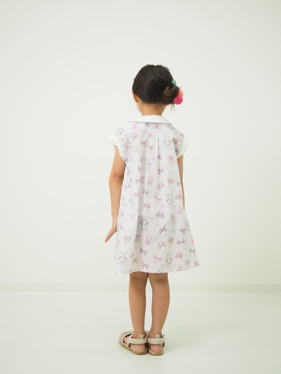 リボンねこオリジナルプリント前明きワンピース